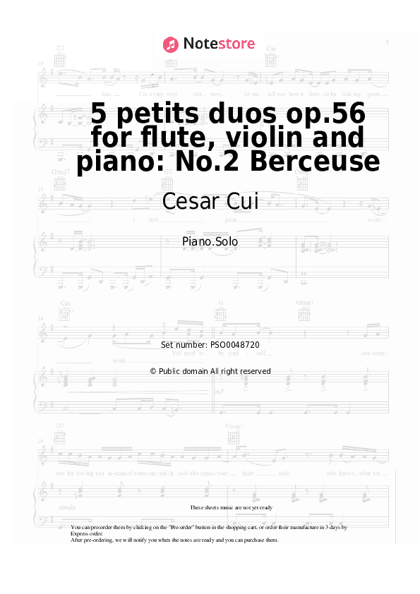 5 petits duos op.56 for flute, violin and piano: No.2 Berceuse - Cesar Cui Piano Sheet Music - Piano.Solo
