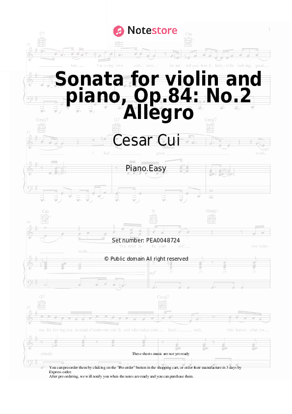 Sonata for violin and piano, Op.84: No.2 Allegro - Cesar Cui Piano Sheet Music Easy - Piano.Easy