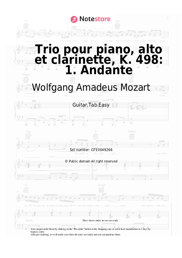 Trio pour piano, alto et clarinette, K. 498: 1. Andante - Wolfgang Amadeus Mozart Tabs Easy - Guitar.Tab.Easy