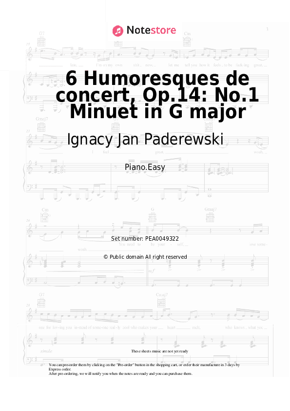6 Humoresques de concert, Op.14: No.1 Minuet in G major - Ignacy Jan Paderewski Piano Sheet Music Easy - Piano.Easy