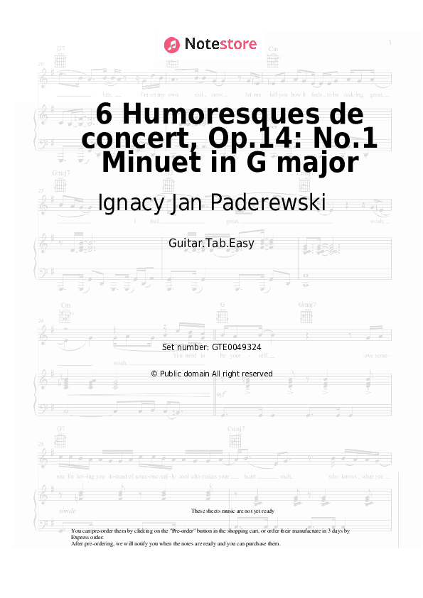 6 Humoresques de concert, Op.14: No.1 Minuet in G major - Ignacy Jan Paderewski Tabs Easy - Guitar.Tab.Easy