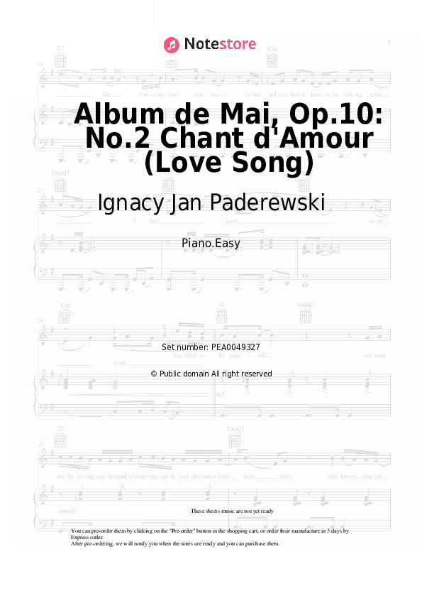 Album de Mai, Op.10: No.2 Chant d'Amour (Love Song) - Ignacy Jan Paderewski Piano Sheet Music Easy - Piano.Easy