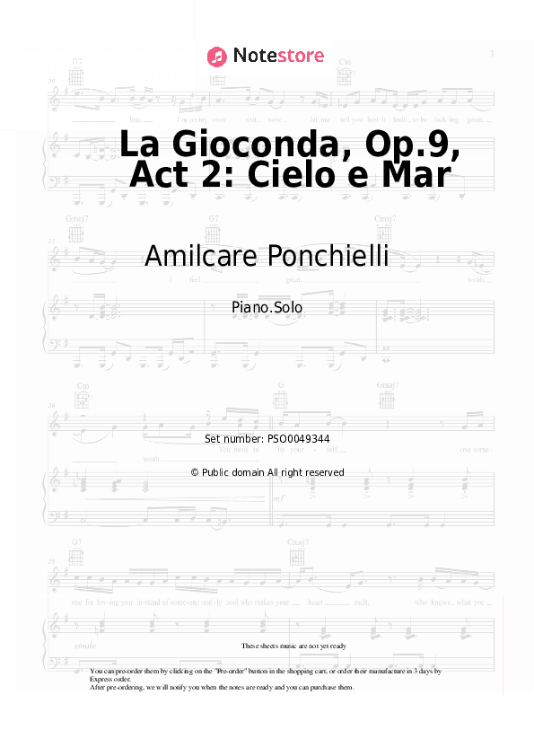 La Gioconda, Op.9, Act 2: Cielo e Mar - Amilcare Ponchielli Piano Sheet Music - Piano.Solo