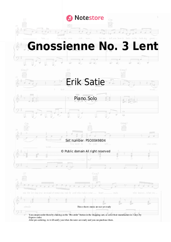 Gnossienne No.3 Lent - Erik Satie Piano Sheet Music - Piano.Solo