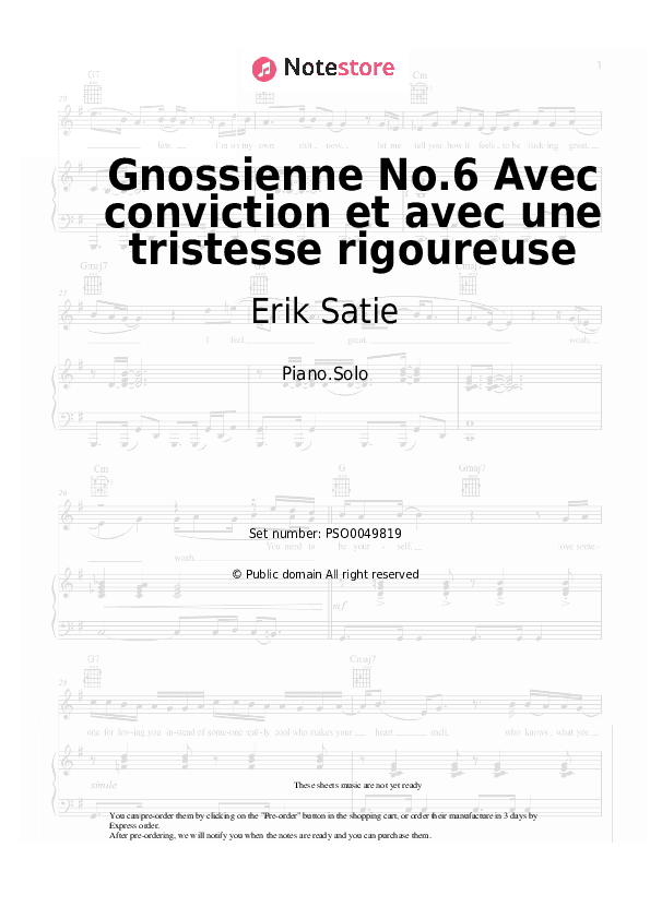 Gnossienne No.6 Avec conviction et avec une tristesse rigoureuse - Erik Satie Piano Sheet Music - Piano.Solo