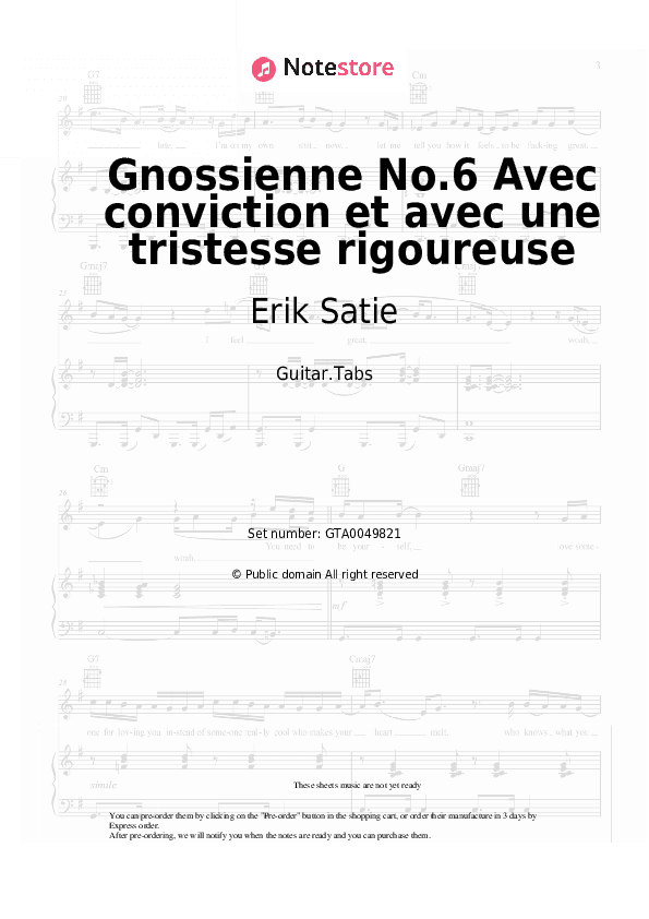 Gnossienne No.6 Avec conviction et avec une tristesse rigoureuse - Erik Satie Tabs - Guitar.Tabs
