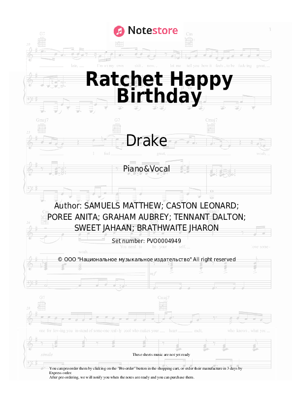 Ratchet Happy Birthday - Drake Piano Sheet Music with the Voice part - Piano&Vocal