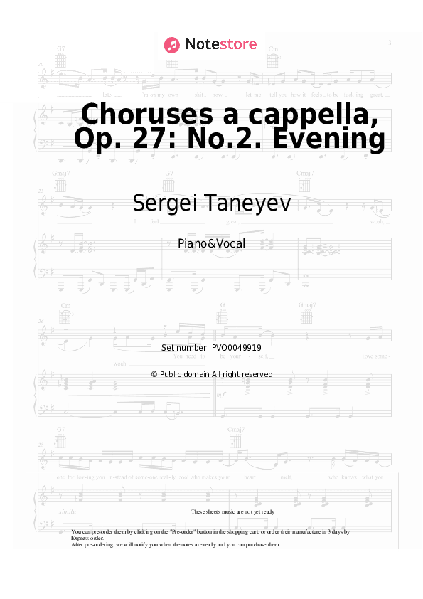 Choruses a cappella, Op. 27: No.2. Evening - Sergei Taneyev Piano Sheet Music with the Voice part - Piano&Vocal