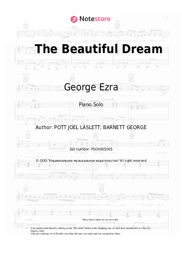 The Beautiful Dream - George Ezra Piano Sheet Music - Piano.Solo