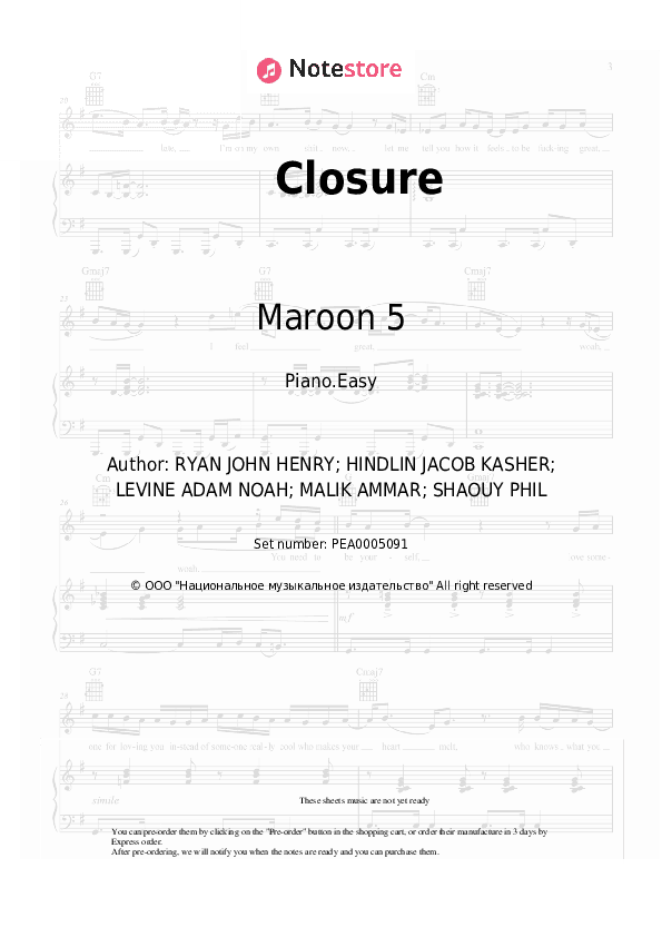 Closure - Maroon 5 Piano Sheet Music Easy - Piano.Easy