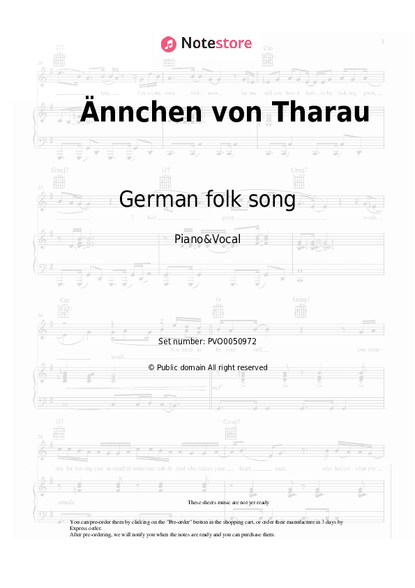 Ännchen von Tharau - German folk song Piano Sheet Music with the Voice part - Piano&Vocal
