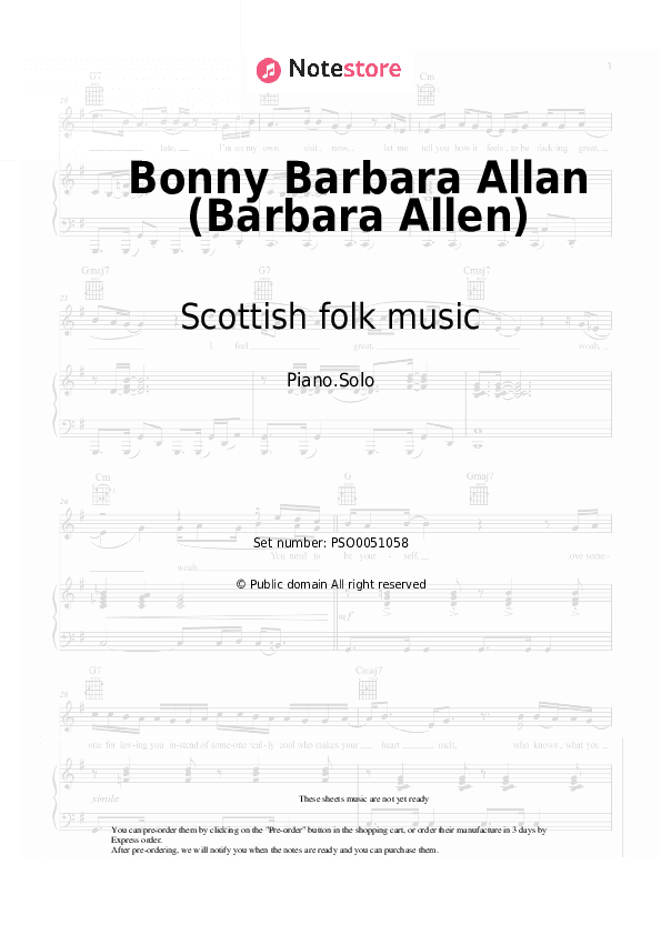 Bonny Barbara Allan (Barbara Allen) - Scottish folk music Piano Sheet Music - Piano.Solo