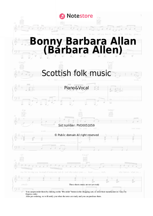 Bonny Barbara Allan (Barbara Allen) - Scottish folk music Piano Sheet Music with the Voice part - Piano&Vocal