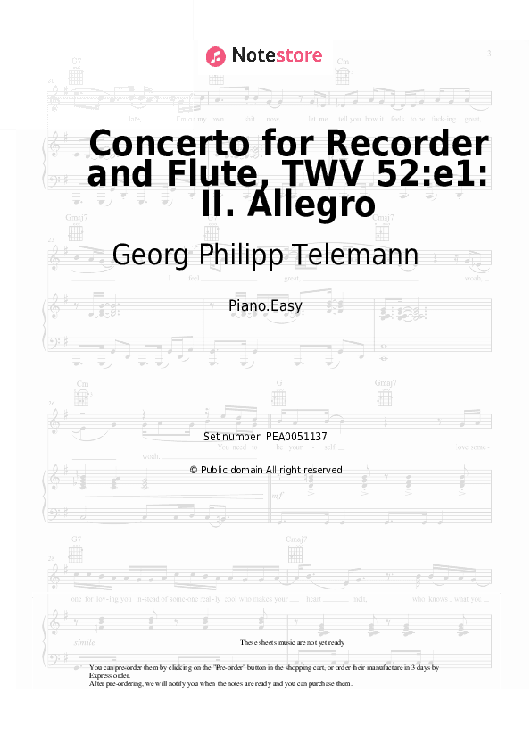 Concerto for Recorder and Flute, TWV 52:e1: II. Allegro - Georg Philipp Telemann Piano Sheet Music Easy - Piano.Easy