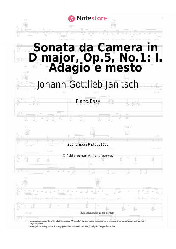 Sonata da Camera in D major, Op.5, No.1: I. Adagio e mesto - Johann Gottlieb Janitsch Piano Sheet Music Easy - Piano.Easy