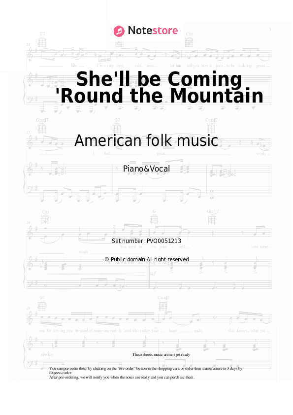 She'll be Coming 'Round the Mountain - American folk music Piano Sheet Music with the Voice part - Piano&Vocal