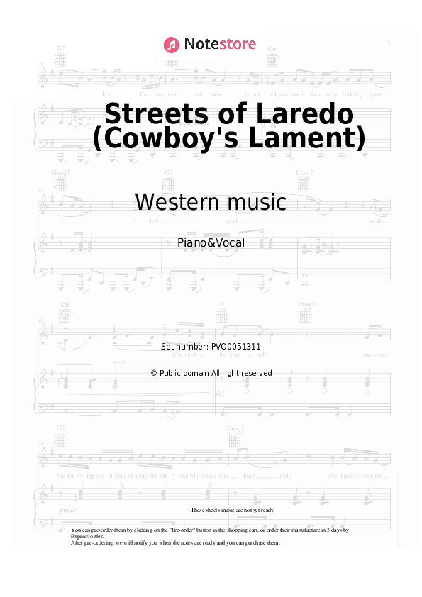 Streets of Laredo (Cowboy's Lament) - Western music Piano Sheet Music with the Voice part - Piano&Vocal