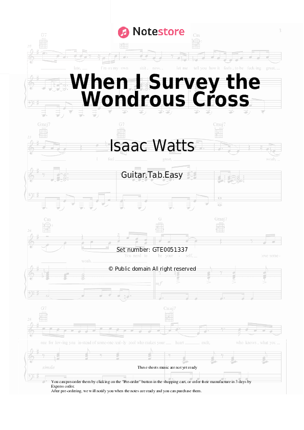 When I Survey the Wondrous Cross - Isaac Watts, Christian hymnody Tabs Easy - Guitar.Tab.Easy