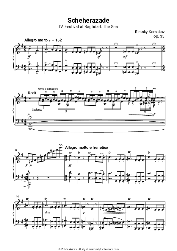 Scheherazade, Op. 35: IV. Festival at Baghdad. The Sea - Rimsky-Korsakov Piano Sheet Music - Piano.Solo