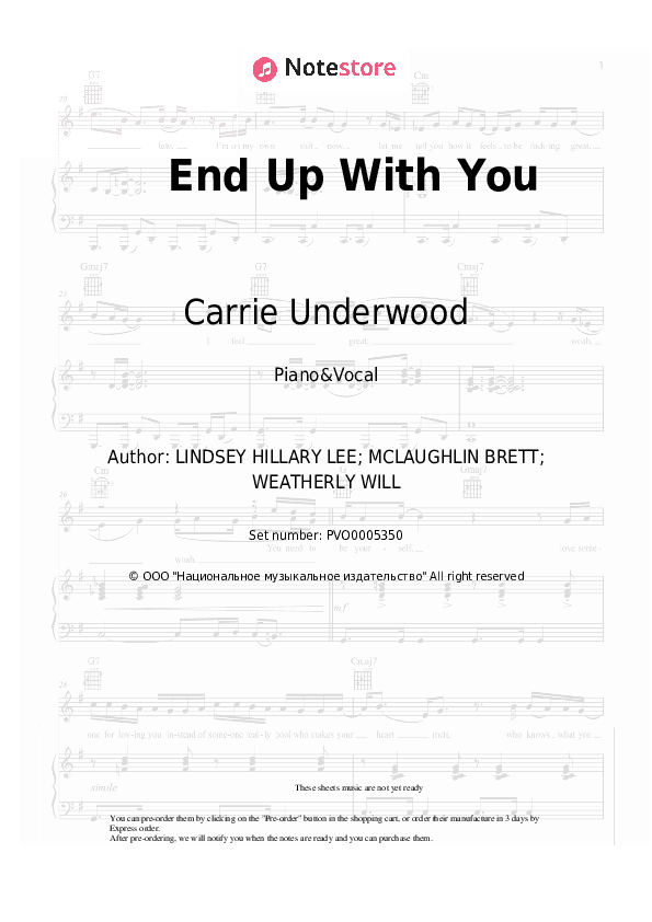 End Up With You - Carrie Underwood Piano Sheet Music with the Voice part - Piano&Vocal