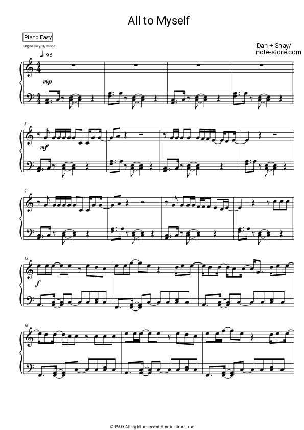 All To Myself - Dan + Shay Piano Sheet Music Easy - Piano.Easy