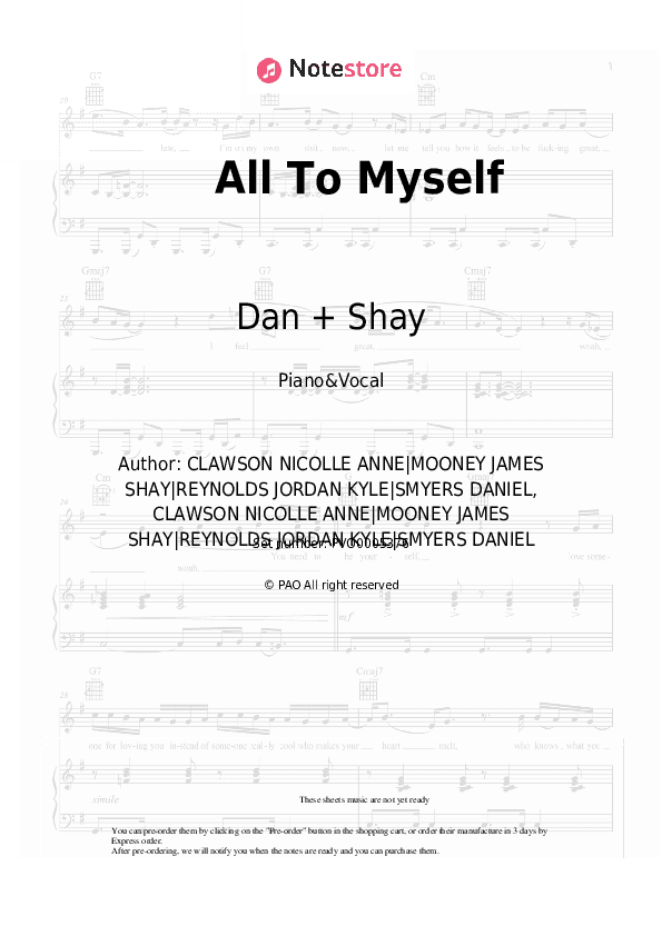 All To Myself - Dan + Shay Piano Sheet Music with the Voice part - Piano&Vocal