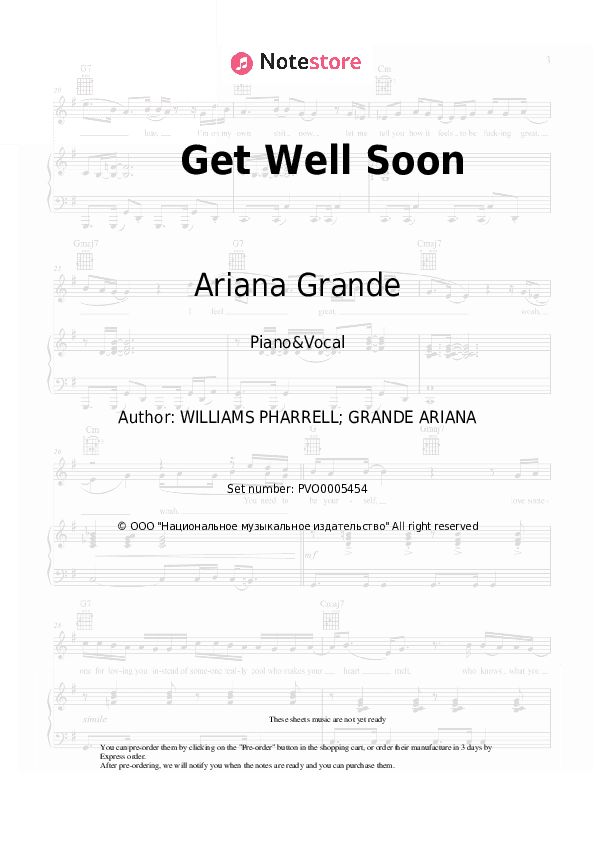 Get Well Soon - Ariana Grande Piano Sheet Music with the Voice part - Piano&Vocal