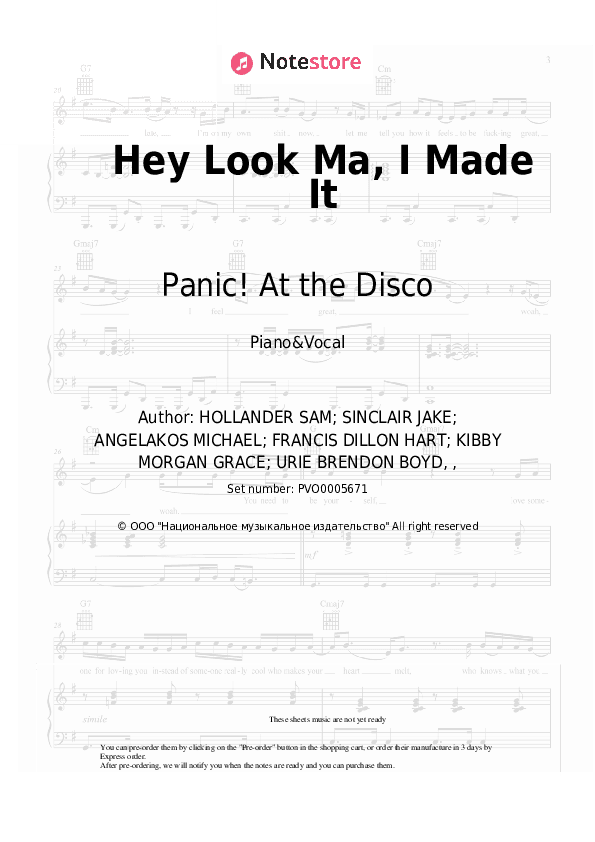 Hey Look Ma, I Made It - Panic! At the Disco Piano Sheet Music with the Voice part - Piano&Vocal