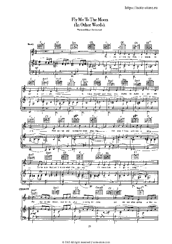 Fly Me To The Moon - Frank Sinatra Piano Sheet Music with the Voice part - Piano&Vocal