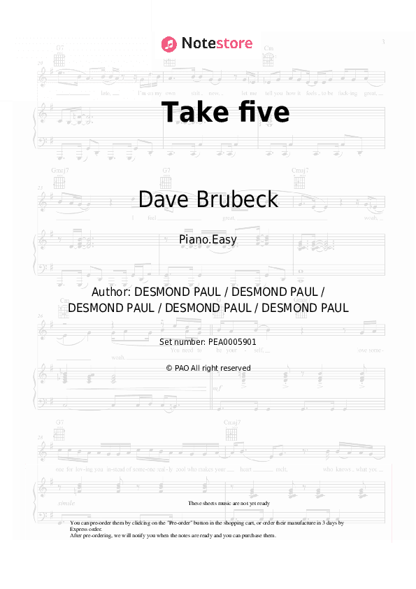 Take five - Dave Brubeck Piano Sheet Music Easy - Piano.Easy