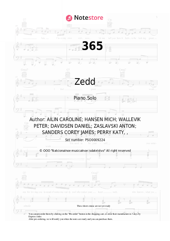 365 - Zedd, Katy Perry Piano Sheet Music - Piano.Solo