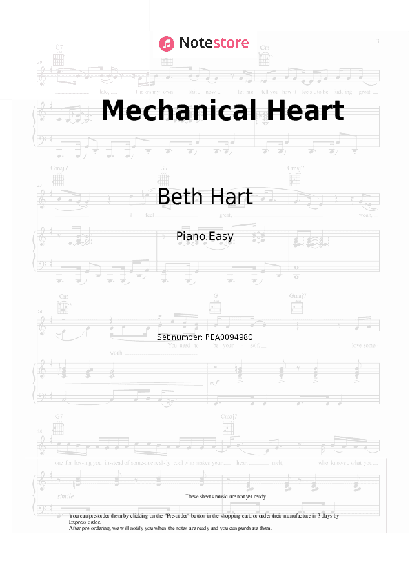 Mechanical Heart - Beth Hart Piano Sheet Music Easy - Piano.Easy