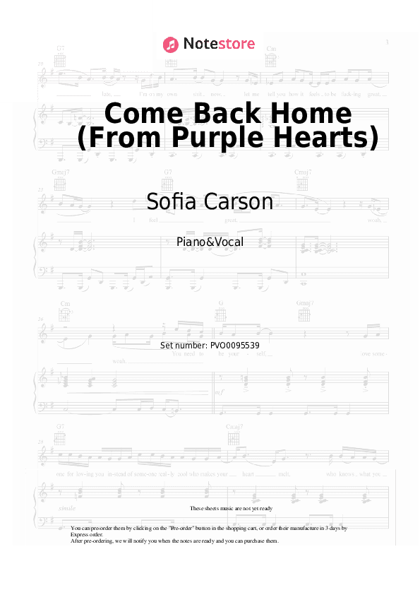 Come Back Home (From Purple Hearts) - Sofia Carson Piano Sheet Music with the Voice part - Piano&Vocal