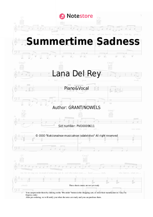 Summertime Sadness - Lana Del Rey Piano Sheet Music with the Voice part - Piano&Vocal