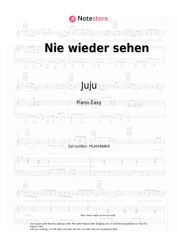 Nie wieder sehen - Juju Piano Sheet Music Easy - Piano.Easy
