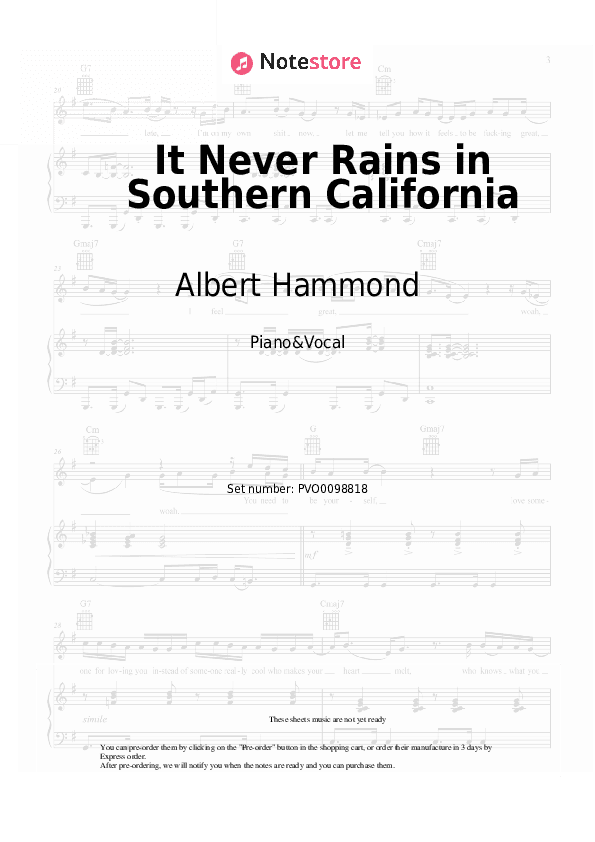 It Never Rains in Southern California - Albert Hammond Piano Sheet Music with the Voice part - Piano&Vocal