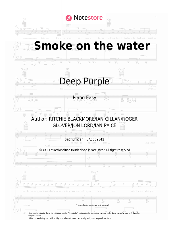 Smoke on the water - Deep Purple Piano Sheet Music Easy - Piano.Easy