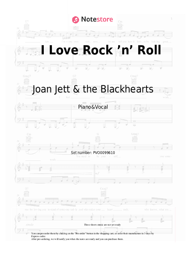 I Love Rock ’n’ Roll - Joan Jett & the Blackhearts Piano Sheet Music with the Voice part - Piano&Vocal