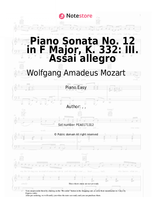 Piano Sonata No. 12 in F Major, K. 332: III. Assai allegro - Wolfgang Amadeus Mozart Piano Sheet Music Easy - Piano.Easy