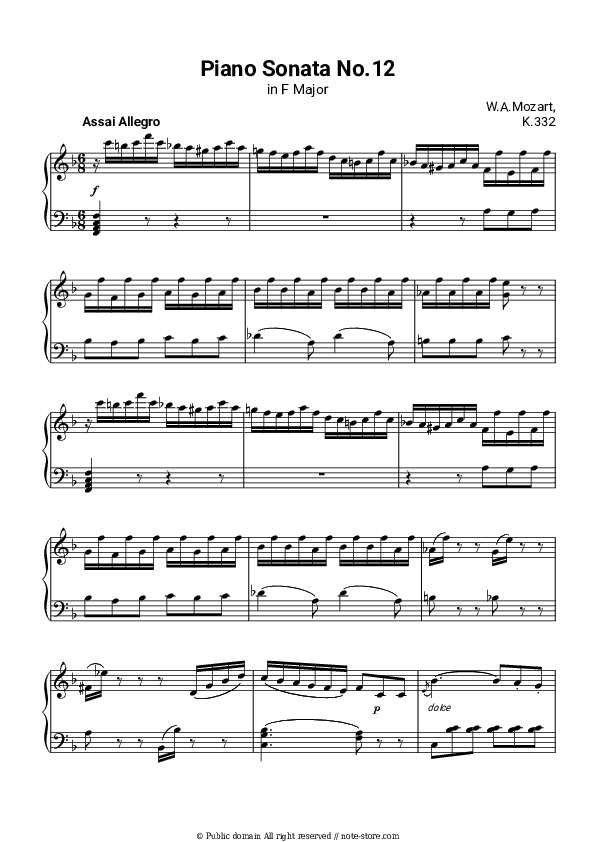 Piano Sonata No. 12 in F Major, K. 332: III. Assai allegro - Wolfgang Amadeus Mozart Piano Sheet Music - Piano.Solo