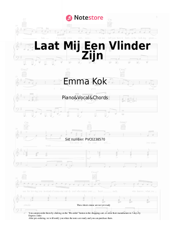 Laat Mij Een Vlinder Zijn - Emma Kok Piano Sheet Music with the Vocal and Chords - Piano&Vocal&Chords