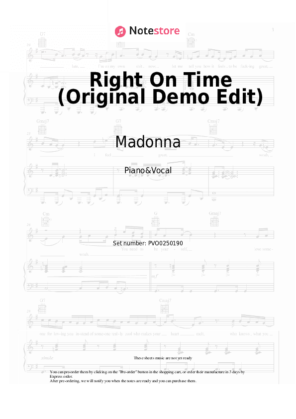 Right On Time (Original Demo Edit) - Madonna Piano Sheet Music with the Voice part - Piano&Vocal