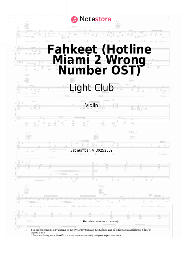 Fahkeet (Hotline Miami 2 Wrong Number OST) - Light Club Violin Sheet Music - Violin