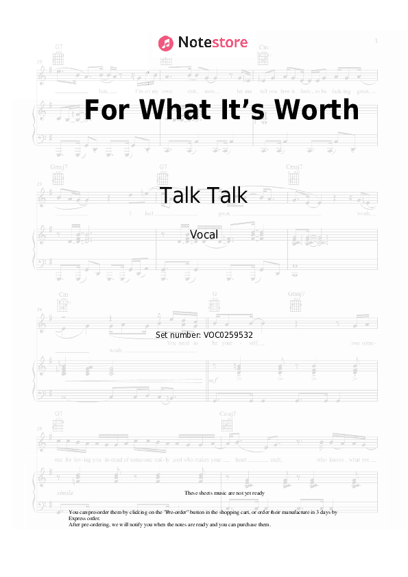 For What It’s Worth - Talk Talk Vocal Sheet Music - Vocal