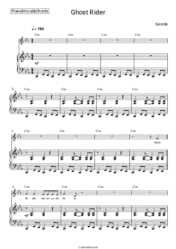 Ghost Rider - Suicide Piano Sheet Music with the Vocal and Chords - Piano&Vocal&Chords