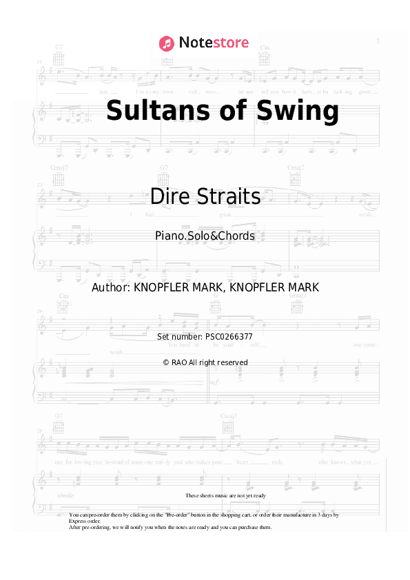 Sultans of Swing - Dire Straits Piano Sheet Music and Chords - Piano.Solo&Chords