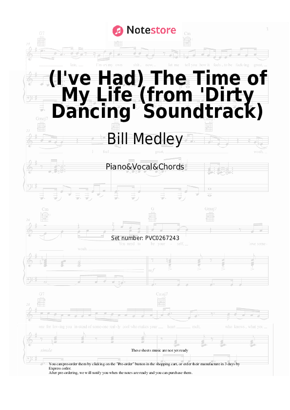 (I've Had) The Time of My Life (from 'Dirty Dancing' Soundtrack) - Bill Medley, Jennifer Warnes Piano Sheet Music with the Vocal and Chords - Piano&Vocal&Chords