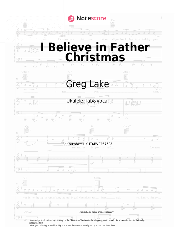 I Believe in Father Christmas - Greg Lake Sheet Music - Ukulele.Tab&Vocal