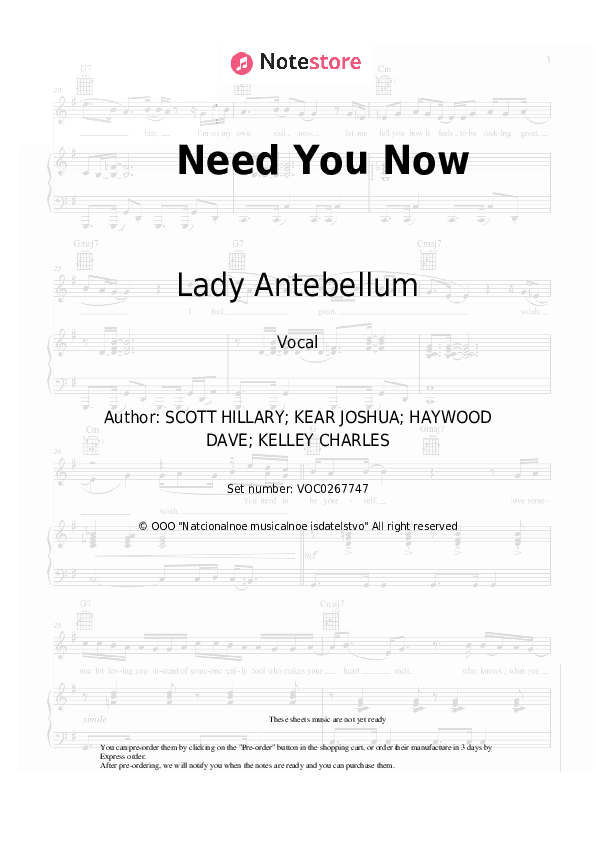 Need You Now - Lady Antebellum Vocal Sheet Music - Vocal
