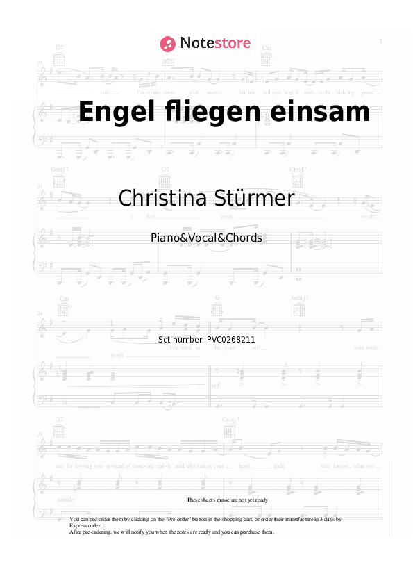 Engel fliegen einsam - Christina Stürmer Piano Sheet Music with the Vocal and Chords - Piano&Vocal&Chords